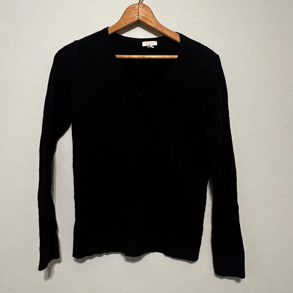 Talbots Petites Black Cable Knit V Neck Long Sleeve Sweater Women's Medium - Picture 1 of 5